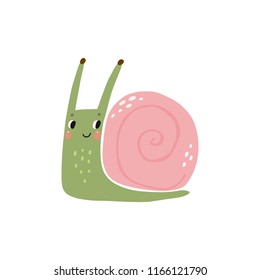 Cute cartoon illustration of a snail. Character snail. Cute vector illustration snail doodle style. 