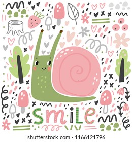 Cute cartoon illustration of a snail. Character snail. Cute vector illustration snail doodle style. 