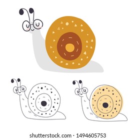 Cute cartoon illustration of a snail. Character snail. Cute vector illustration snail doodle style. Isolated vector sign symbol.