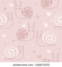 Cute cartoon illustration of a snail. Seamless pattern with cute pink snail. Vector hand drawn illustration in doodle style