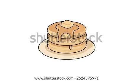 Cute cartoon illustration of a stack of pancakes with syrup and a pat of butter on top, served on a plate. Perfect for breakfast-themed designs and food-related content