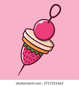 Ilustração de desenho animado bonito de um espeto de sobremesa de morango ou doce deleite. Este gráfico colorido de estilo vetorial apresenta uma base de morango, camada de biscoito e topo de cereja em um bastão