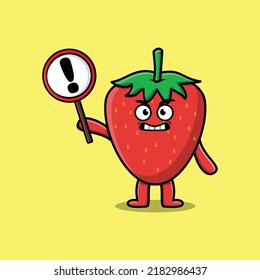 Cute cartoon illustration strawberry with exclamation sign board
