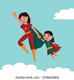 Cute cartoon illustration of super mom and daughter
