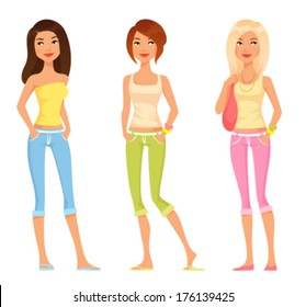 cute cartoon illustration of teenage girl in colorful summer fashion, capri pants and tops. Isolated on white.