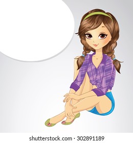 Cute cartoon illustration of teenage girl and thinking bubble