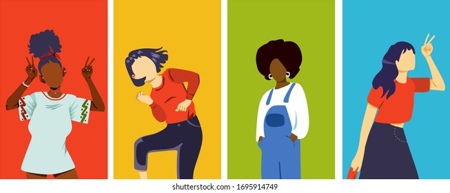 Cute cartoon illustration of teenage girls.set of four teen girl.flat design.isolated design.