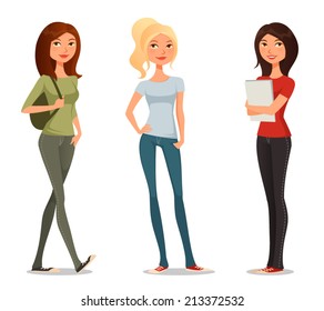 cute cartoon illustration of teenage girls or students. Beautiful young women in casual fashion. Cartoon character. Isolated on white.