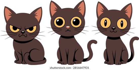 A cute cartoon illustration of three black cats displaying different facial expressions, including angry, curious, and happy. Perfect for stickers, children's books, mascot design, social media emojis, and Halloween graphics.