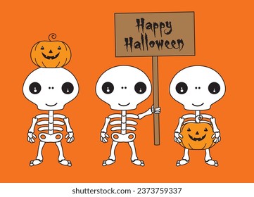 Cute cartoon illustration of three Halloween skeletons