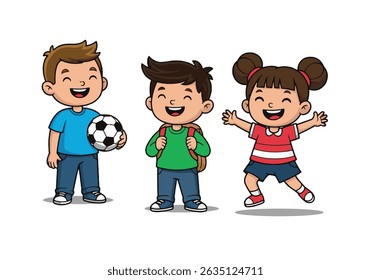 Cute cartoon illustration of three happy kids. One boy is holding a soccer ball, another boy has a backpack, and a cheerful girl is jumping with joy. Vector illustration