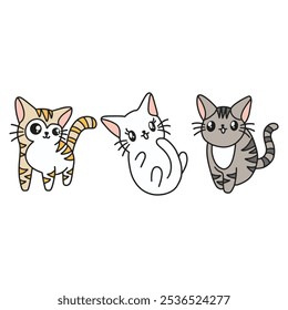 Cute Cartoon Illustration of Three Playful Cats in Different Poses