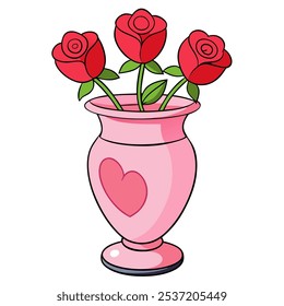 A cute cartoon illustration of three red roses in a pink vase with a heart design, perfect for Valentine's Day cards, romantic projects, or adding a touch of love to your designs.