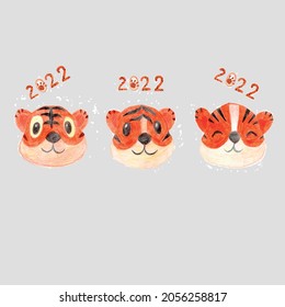 Cute cartoon illustration of tiger head with 2022 numbers, a symbol of the New Year 2022 drawn in pencil with a tiger paw print