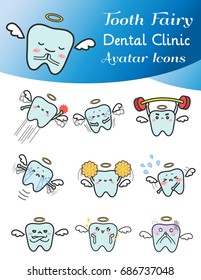 Cute cartoon illustration of tooth fairy avatar icon in various activities and mood set 1. Cute tooth icon set in Japanese manga style for dental clinic or decoration usage, create by vector
