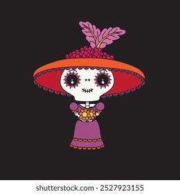 Cute cartoon illustration of traditional Mexican Catrina skeleton