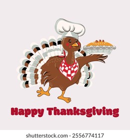 Cute cartoon illustration with turkey chef happy  Thanksgiving