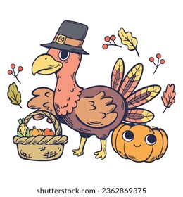 Cute cartoon illustration of a turkey holding a basket and pumpkin in autumn. Thanksgiving Day theme, These cute cartoon file are perfect for T-shirts, phone cases, bags, mugs, stickers, tumblers.