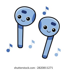 A cute cartoon illustration of two blue wireless earbuds with happy faces and musical notes floating around them.