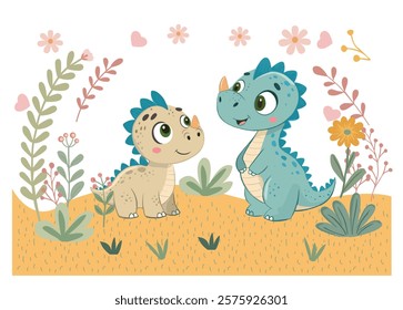 Cute cartoon Illustration of two dinosaur, for baby shower,  Сhildish greeting card. Vector print with Cute dino Mom and Baby.