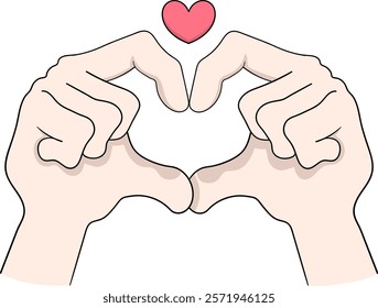 A cute cartoon illustration of two hands forming a heart gesture with a small red heart above, symbolizing love and affection