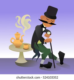 Cute cartoon illustration of a typical englishman. Waiting for traditional five o'clock tea. Vector character.