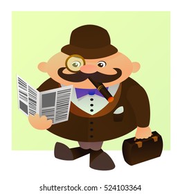 Cute cartoon illustration of a typical englishman. Vector character. A man with a cigarette, a paper and a suitcase.