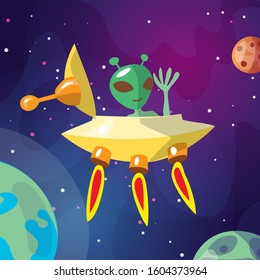 Cute cartoon illustration of UFO and alian creature space ship landing on the Earth or Exo planet. Cute Alien In Spaceship Crew Of Little Green Men Funny Cartoon Character