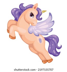 Cute cartoon illustration of unicorn. Beautiful flying winged unicorn with violet hair. Vector character isolated on white background.