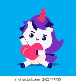 Cute Cartoon Illustration of Unicorn Holding a Heart
