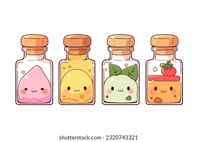 A cute cartoon illustration of various spice bottles with smiling faces