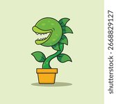 Cute cartoon illustration of Venus flytrap carnivorous plant on yellow background