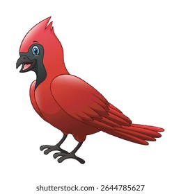 Ilustração de desenho animado de um pássaro cardeal vermelho vibrante com marcas faciais pretas e olhos azuis. De pé com um bico aberto, perfeito para livros infantis, materiais educativos.