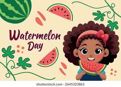 Cute cartoon illustration for Watermelon Day featuring an adorable girl with curly hair enjoying a juicy slice of watermelon. Perfect for summer posters, kids events, and social media.