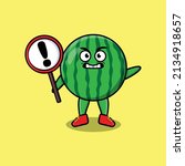 Cute cartoon illustration watermelon with exclamation sign board