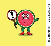 Cute cartoon illustration watermelon with exclamation sign board