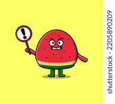Cute cartoon illustration watermelon with exclamation sign board in flat modern style design
