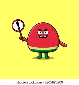 Cute cartoon illustration watermelon with exclamation sign board in flat modern style design
