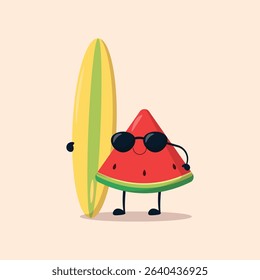 Cute cartoon illustration of a watermelon slice wearing sunglasses and holding a surfboard. The watermelon slice is a friendly character, and the overall style is simple and colorful.