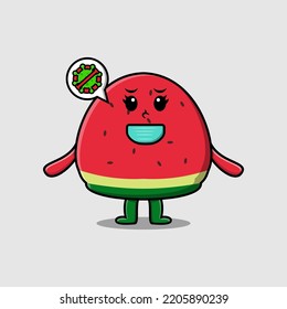Cute cartoon illustration watermelon using mask to prevent virus in cute modern style design