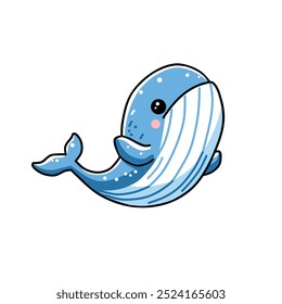 A cute cartoon illustration of a whale in blue tones with a friendly expression. Ideal for marine-themed designs, children's illustrations, ocean-related projects, or educational materials