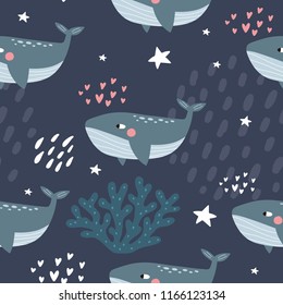 Cute cartoon illustration of a whale. Character snail. Cute Vector illustration of a whale. seamless pattern