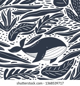Cute cartoon illustration of a whale. Character whale. Cute Vector illustration of a whale. 