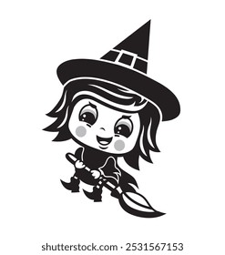 Cute cartoon illustration of a witch on a broom