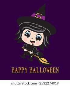 Cute cartoon illustration of a witch on a broom