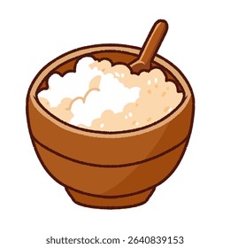 Cute Cartoon Illustration of a Wooden Bowl of Rice with Spoon