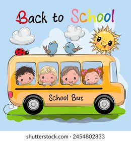 Cute Cartoon illustration Yellow School bus and four cute cartoon kids