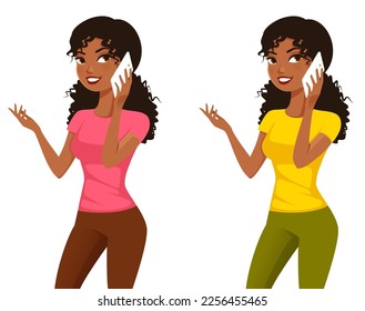 cute cartoon illustration of a young African American woman using a cell phone. Young black girl smiling and chatting on the phone. Isolated on white.