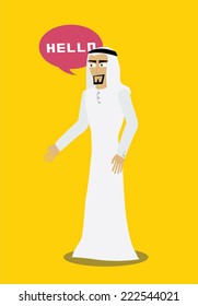 Cute cartoon illustration of a young Arab man with chat balloons in Khaliji  Fashion. Gulf.  Vector 