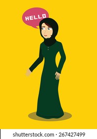 Cute cartoon illustration of a young Arab lady with chat balloons in Khaliji Fashion. Gulf. Vector